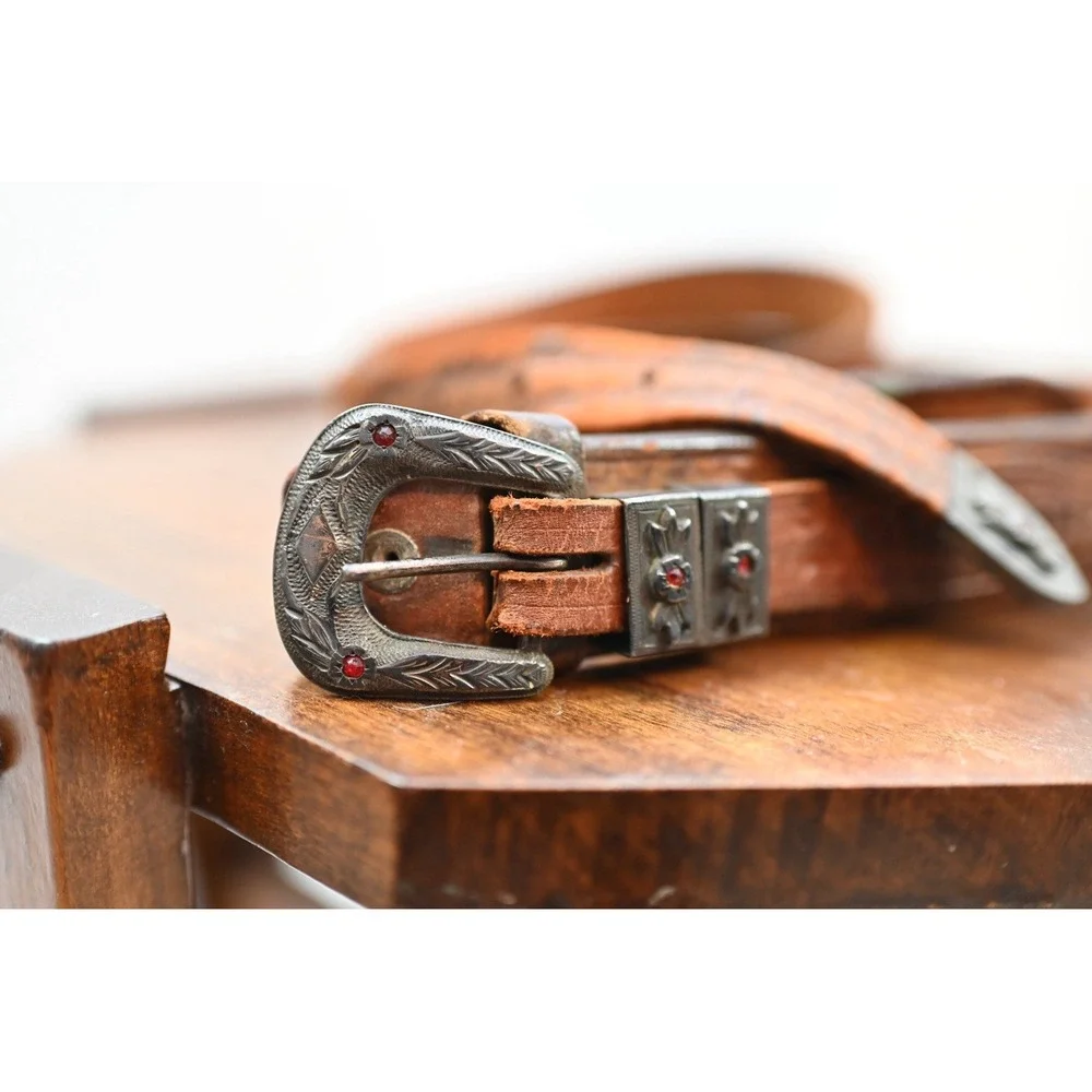 Vintage Western Sterling Silver Leather Belt Brown Floral Embossed Boho USA
